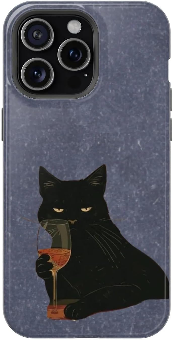 Vintage Black Cat Phone Case for iPhone Samsung, Midnight Aesthetic Design, Shockproof Durable Cover, Trendy Goth Gift for Cat Lovers (Cat with Wine Glass, iPhone 17)