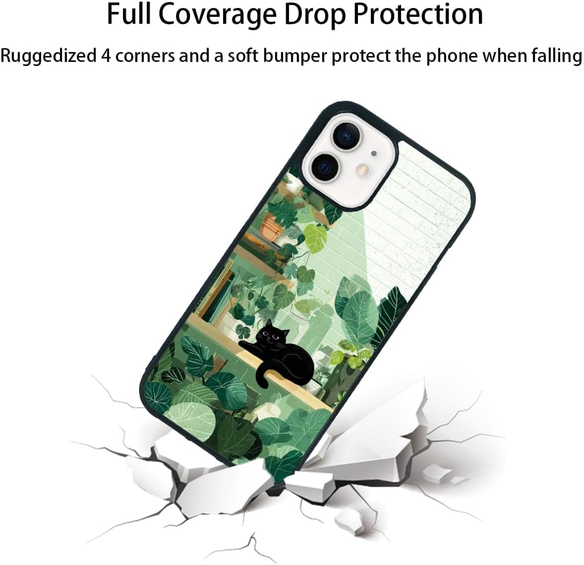 Lush Tropical Monstera Leaves Black Cat Botanical Art Phone Case, Shockproof Protective Cover for iPhone 11 12 13 14 15 16 17 Pro Max Plus Mini XR 7 8 SE