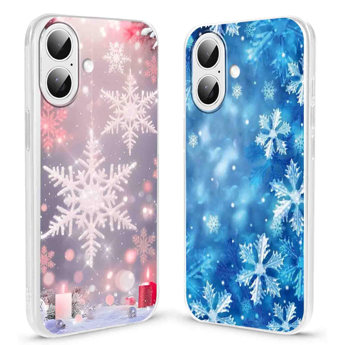 Christmas 2 Pack for iPhone 14/13 Phone Cases, Cute Case with Snowflake Printed Pink Blue Pattern Clear Soft Aesthetic Design Funda Flexible Ultra-Thin Girly Protective Women Cover