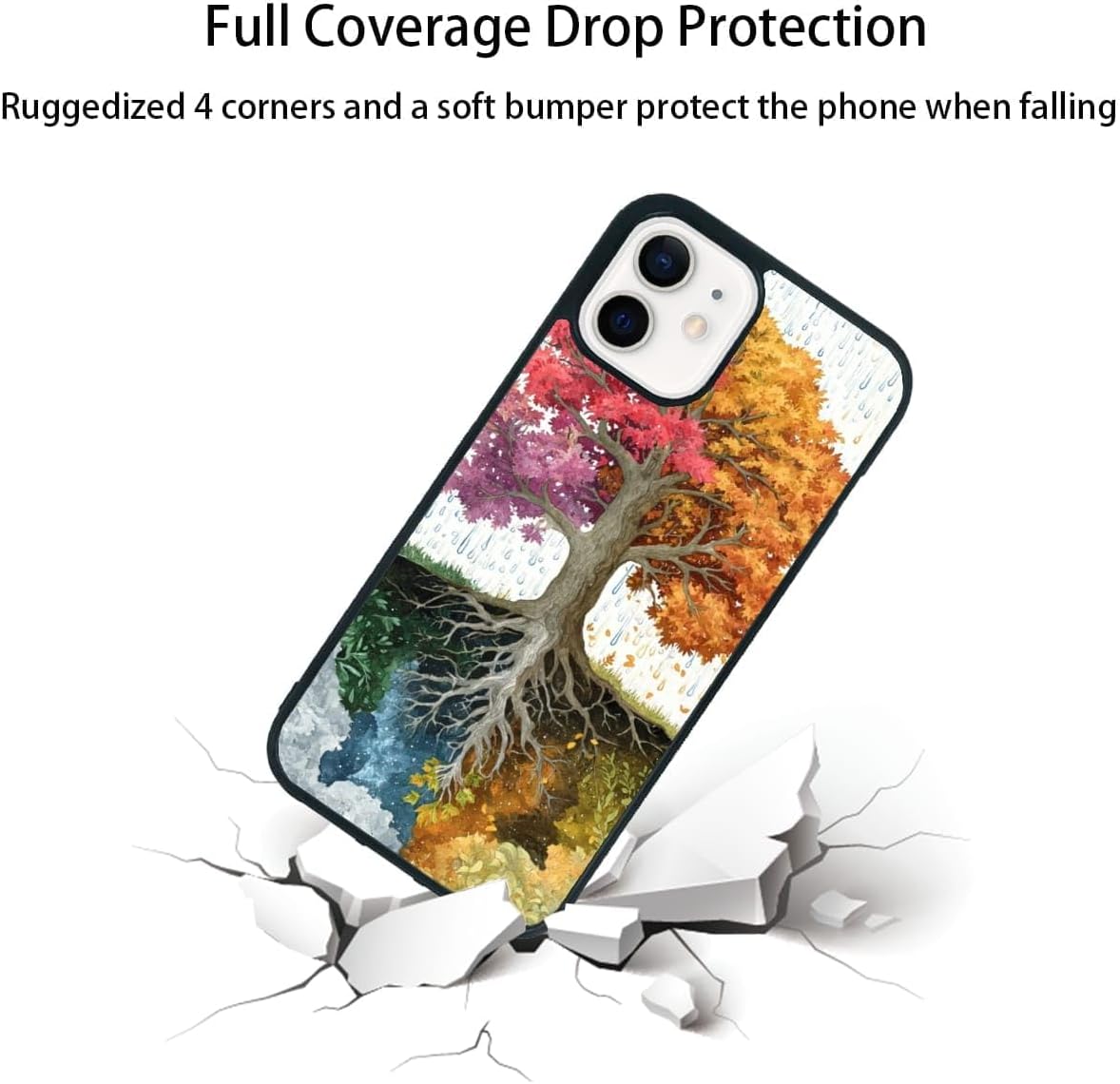Four Seasons Tree of Life Watercolor Nature Phone Case, Shockproof Protective Cover for iPhone 11 12 13 14 15 16 17 Pro Max Plus Mini XR 7 8 SE