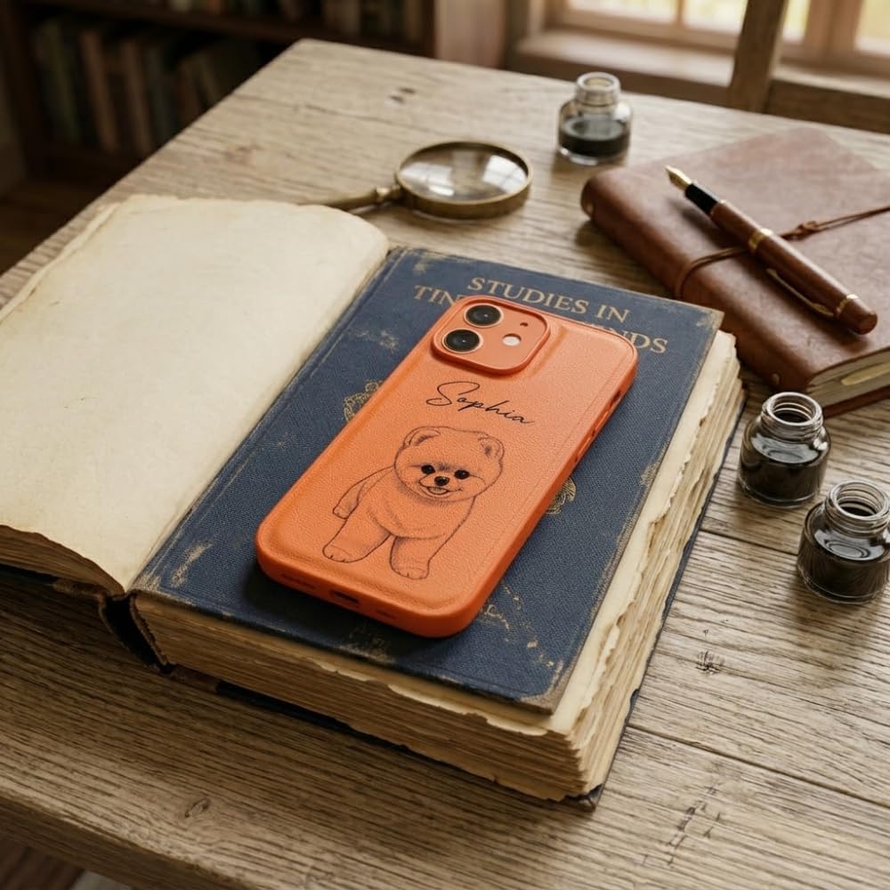 Custom Pet Portrait - Personalized Leather Phone Case, Custom PU Leather Photo Case with Name, Unique Gift for Dog Cat Lovers, Personalized Animal Portrait Phone Cover