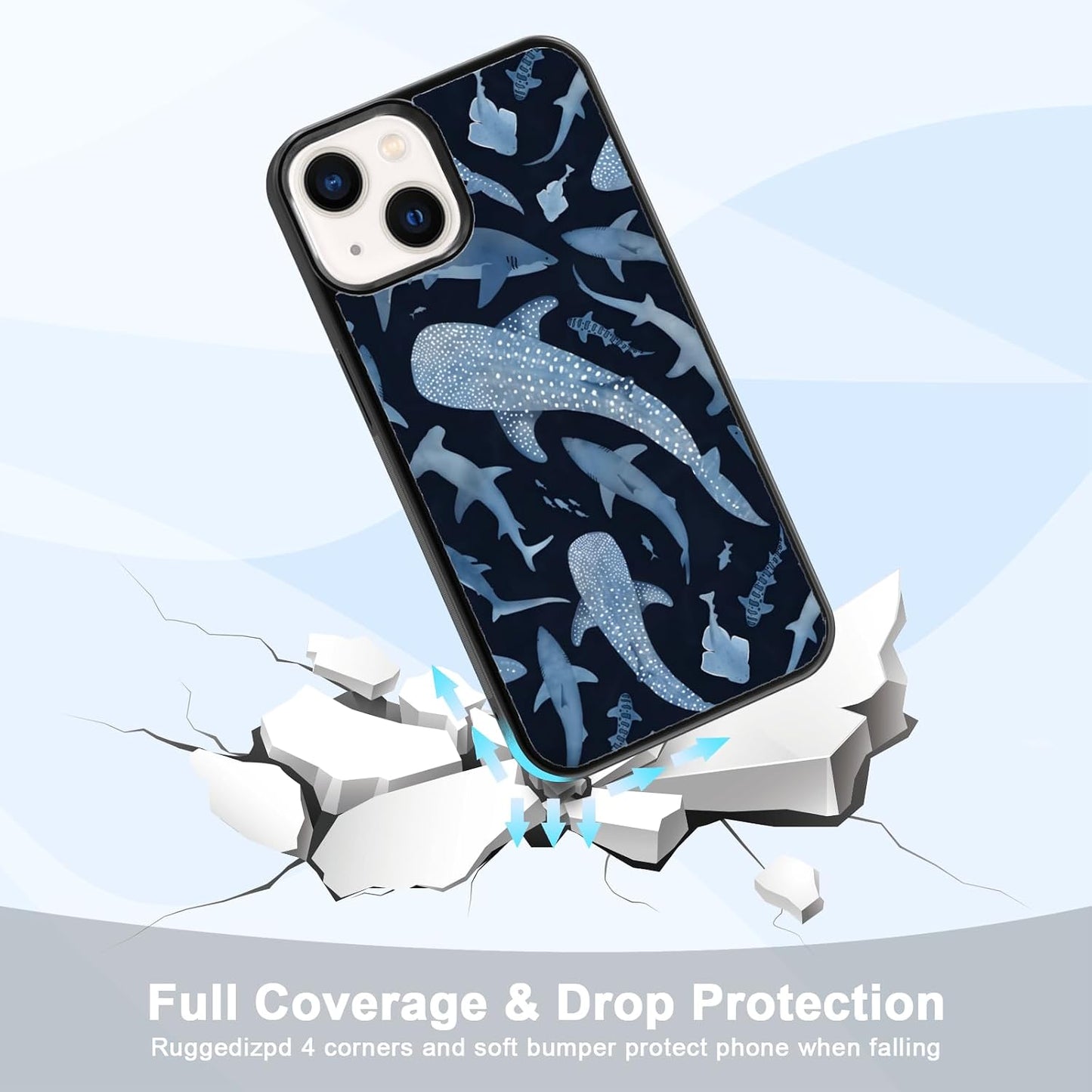 Cute Blue Shark Aesthetic Phone Case for iPhone 14 & 13 Case for Women Teen Girls Kids Girls -6.1Inch
