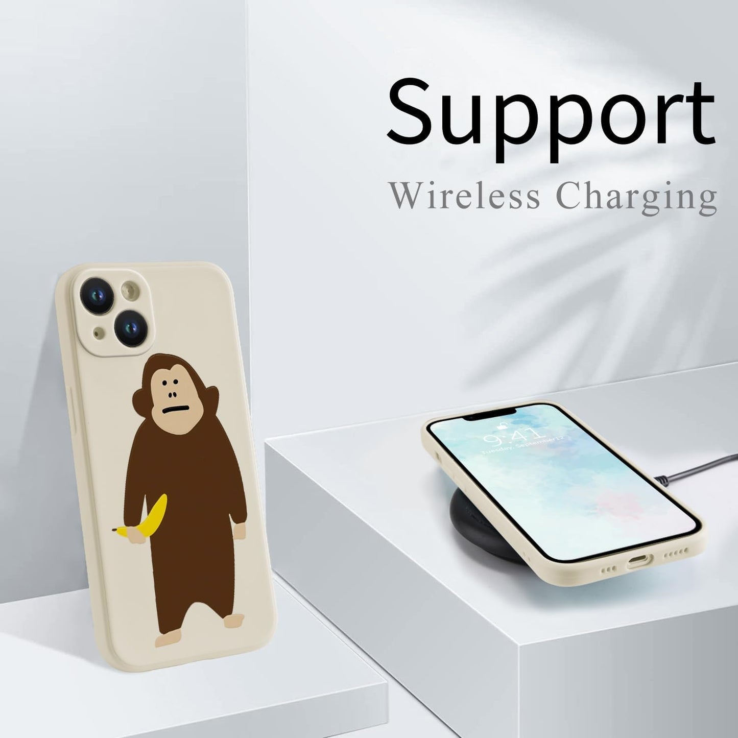 Funny Monkey Phone Case for iPhone 13 Cute Monkey Banana Case Cover Liquid Silicone Soft Gel Rubber Matt Phone Cover with Microfiber Lining