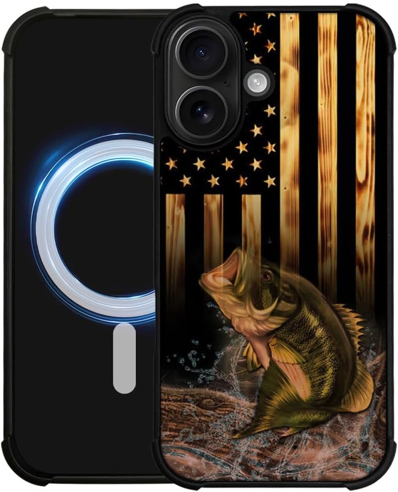 DJSOK Case for iPhone 17,Compatible with MagSafe,Anti-Scratch Shockproof Case,Wood American Flag Fish