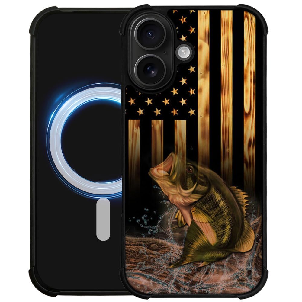 DJSOK Case for iPhone 17,Compatible with MagSafe,Anti-Scratch Shockproof Case,Wood American Flag Fish