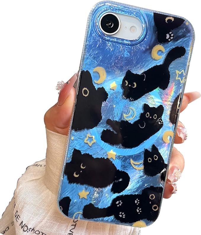 Compact Case for iPhone 15 Black cat Design,Cute Trendy Soft Slim TPU Shockproof Protective Bumper Phone Cases Cover for Women Girls Aesthetic Glitter Shiny Adorable