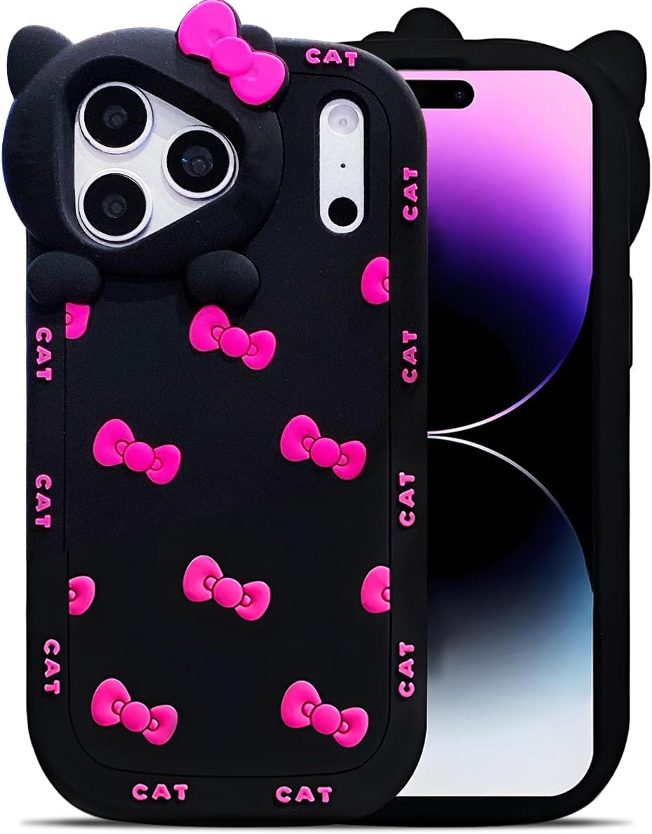Cute Case for iPhone 17 Pro Max 6.9'', Black Kawaii Funny 3D Bow Cartoon Silicone Cat Phone case, Soft Shockproof Classic Protective Cover for Women Girls, and Kids