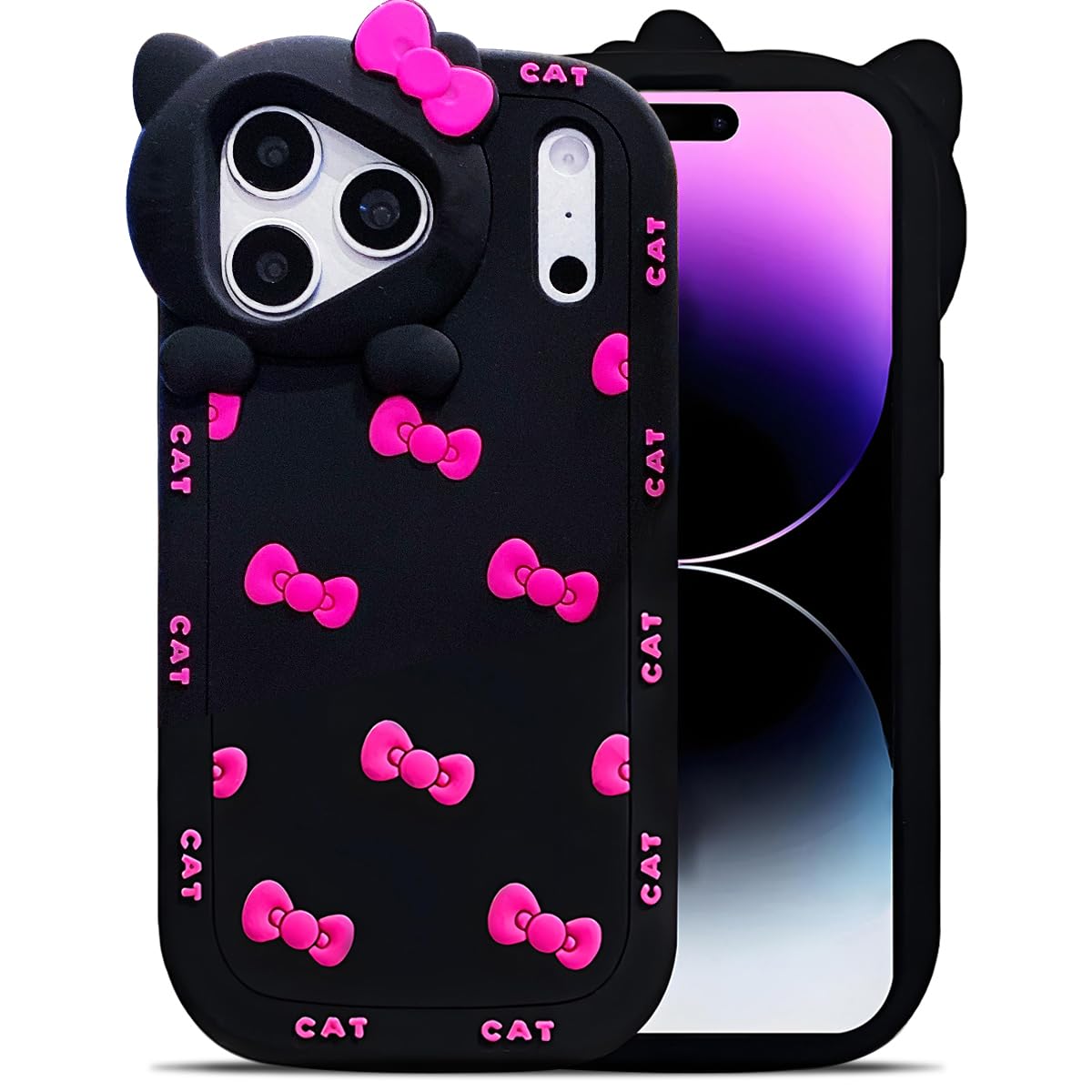 Cute Case for iPhone 17 Pro Max 6.9'', Black Kawaii Funny 3D Bow Cartoon Silicone Cat Phone case, Soft Shockproof Classic Protective Cover for Women Girls, and Kids