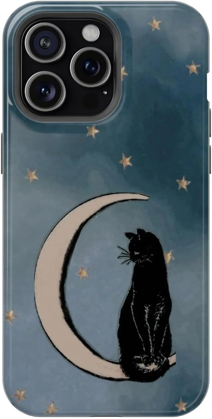 Vintage Black Cat Phone Case for iPhone Samsung, Midnight Aesthetic Design, Shockproof Durable Cover, Trendy Goth Gift for Cat Lovers (Cat with Wine Glass, iPhone 17)