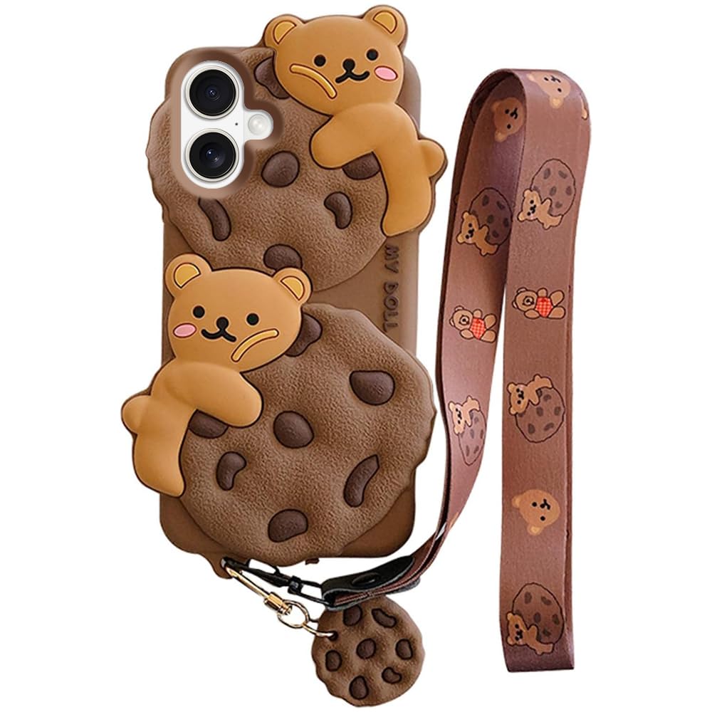 Case for iPhone 13 with Strap Lanyard Keychain Cute Bear Cookie Kawaii Funny Soft Silicone Shockproof Protective Cover for Women Girls