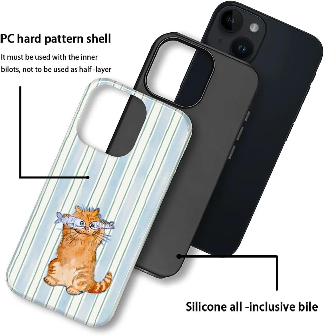 for iPhone 15 Case,Hybrid 2-Layer Hard Shell + Silicone Protective Case -Resistant Shockproof- A Naughty Cat with Blue Stripes Eating Fish