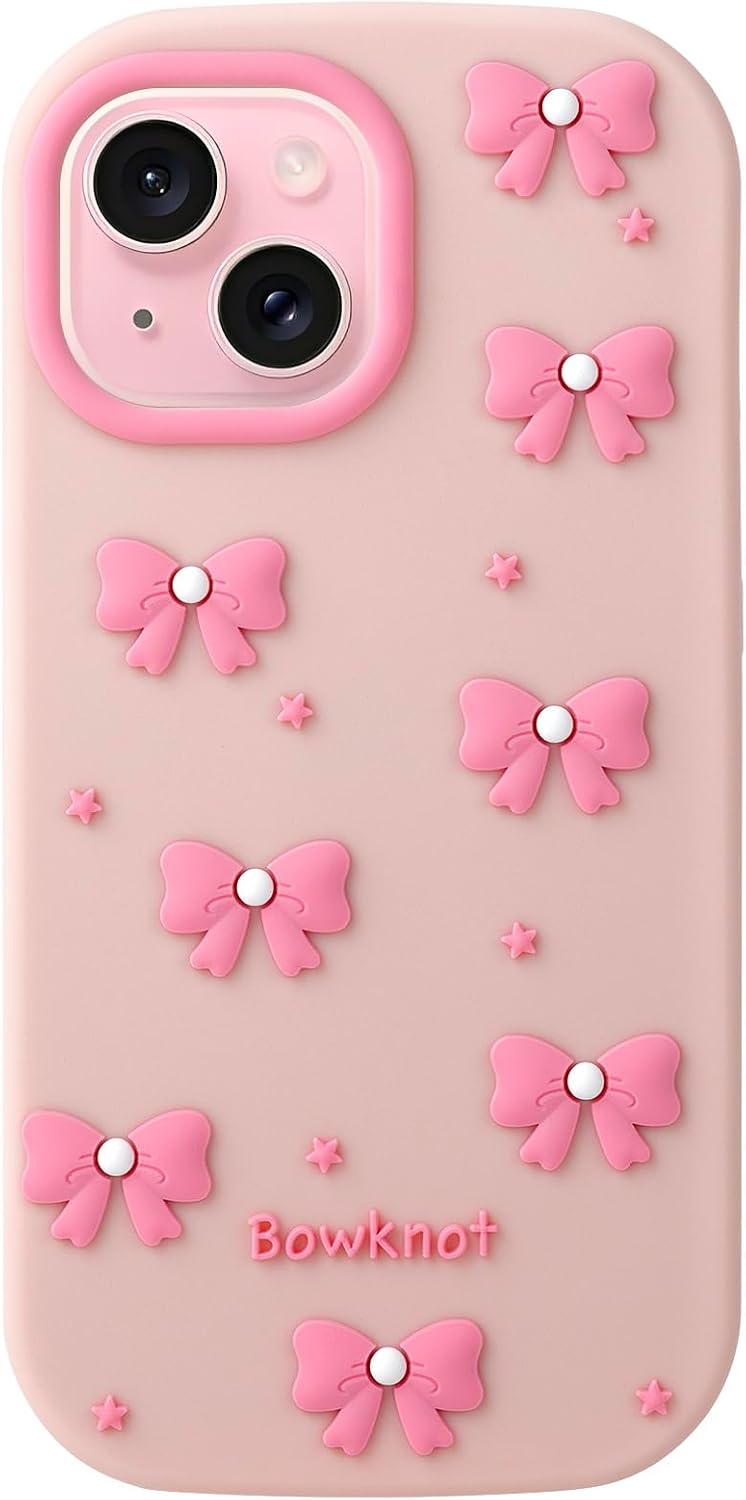 Cute Phone Case Compatible with iPhone 13/14/ 15, Bow 3D Cartoon Soft Silicone Heavy Duty Protection Shockproof Cases Cover for Girls Women, Light Pink
