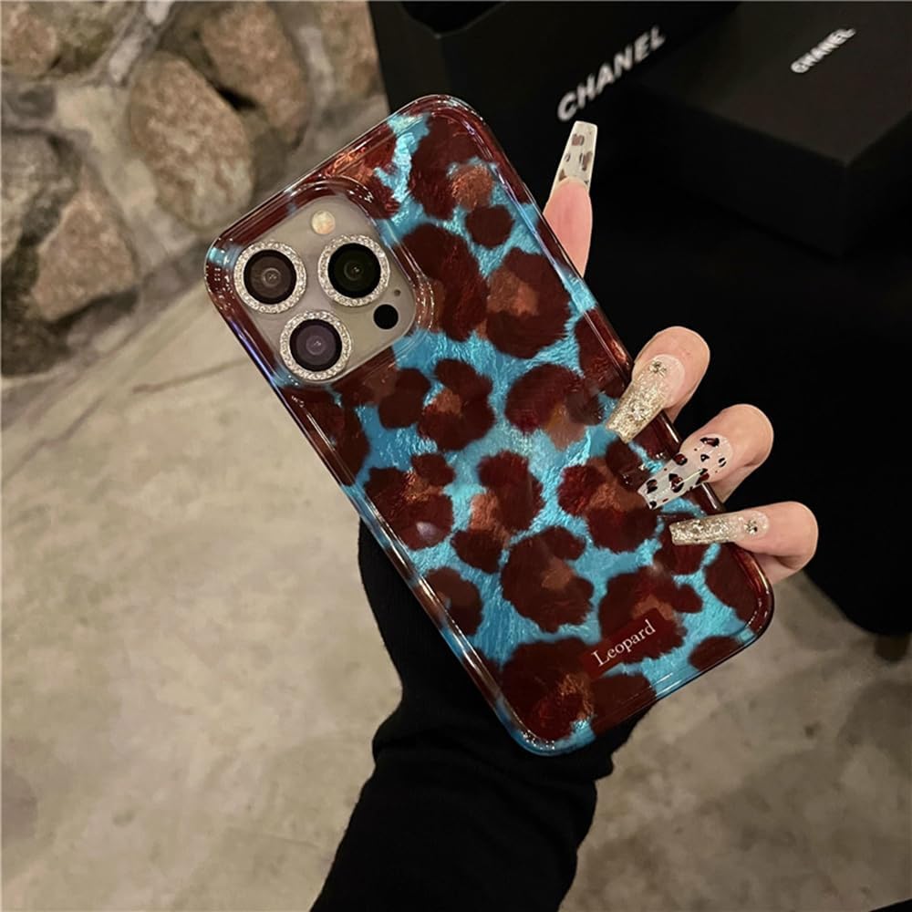 inewateri Compatible for iPhone 16 Pro Max Case with Cute Cheetah Leopard Print Retro Aesthetics Design Soft Slim TPU Shockproof Protective Bumper Glitter Shiny Phone Cover-Blue