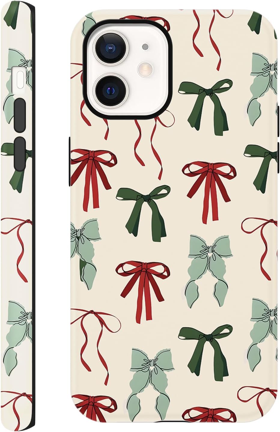 Cute Christmas Bow Phone Case for iPhone 12/12 Pro Case 6.1", Red Green Aesthetic Coquette Preppy Ribbon Bowknot Pattern Design Cover Shockproof Soft TPU Hard PC Protection Girls Women Funda
