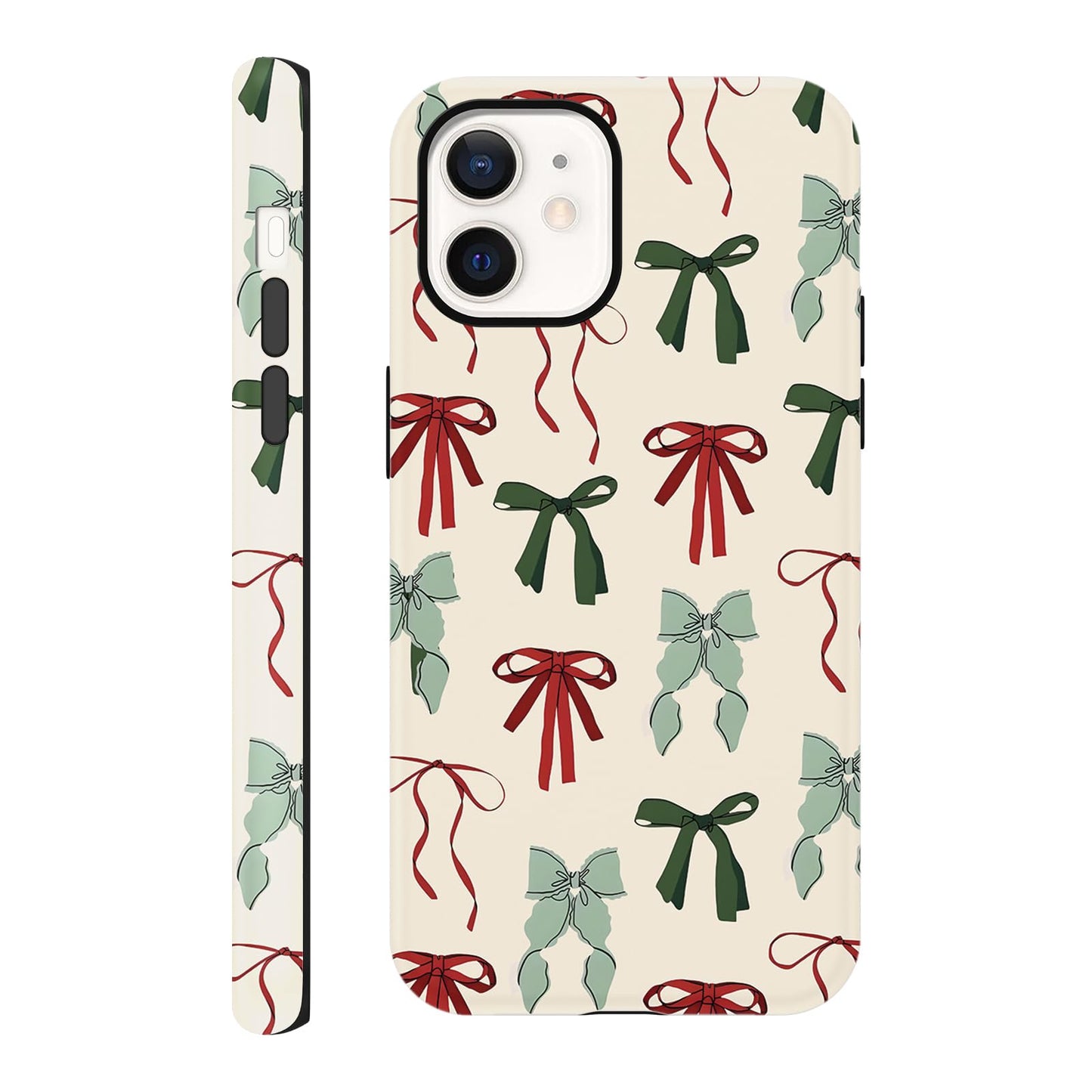 Cute Christmas Bow Phone Case for iPhone 12/12 Pro Case 6.1", Red Green Aesthetic Coquette Preppy Ribbon Bowknot Pattern Design Cover Shockproof Soft TPU Hard PC Protection Girls Women Funda
