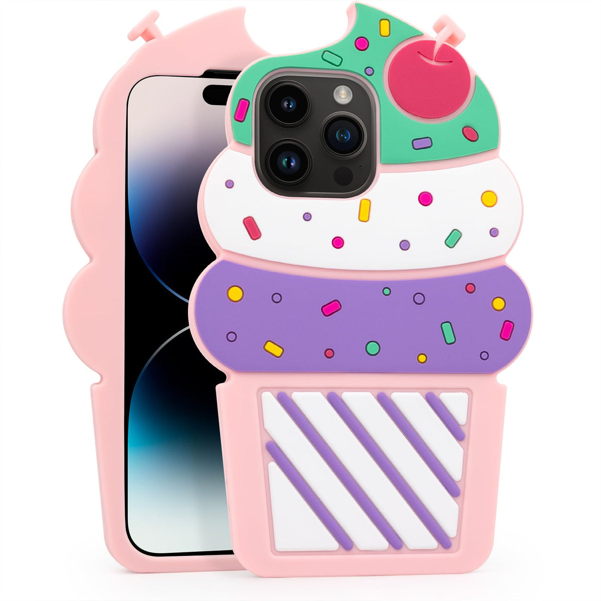 Dumkery Cute iPhone 13 Case, Ice Cream iPhone 14 Case, Funny 3D Cartoon Cupcakes Soft Silicone Shockproof Cases Cover Skin for Girls Women