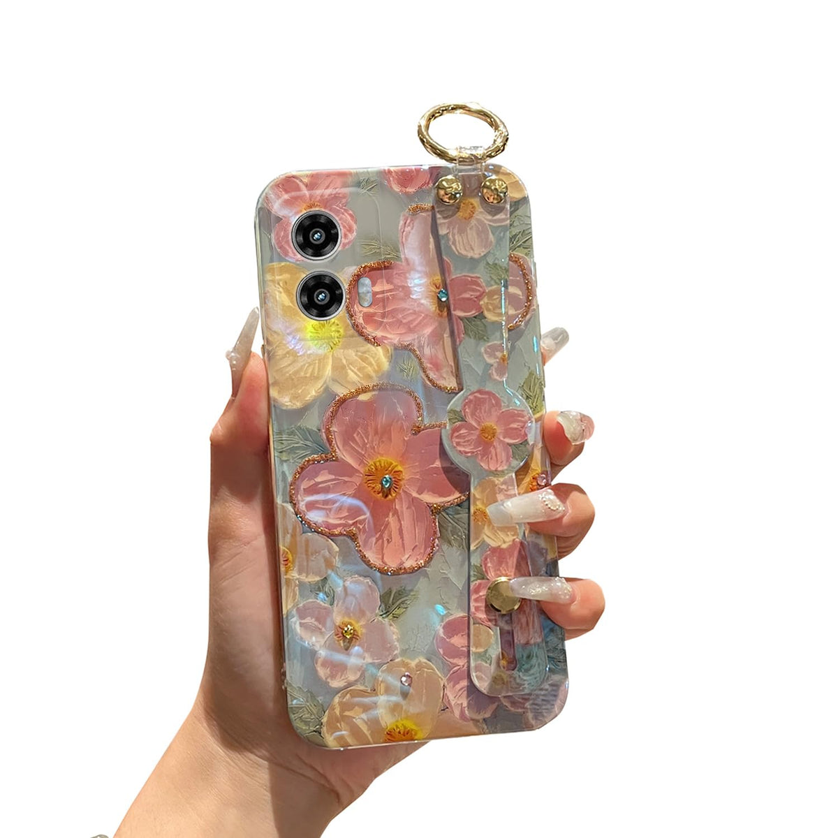 for Motorola Moto G Power 5g 2025 Case 6.8" with Wrist Strap Stand Glitter IMD Cute Kawaii Cartoon Pattern Design Shockproof Protective Phone Cases for Girls & Women - Sunflower