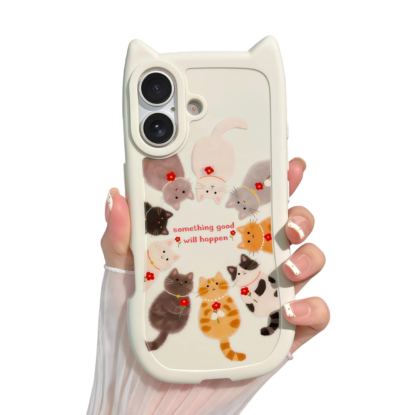 for iPhone 13 Phone Case, Cute 3D Cat Ears and Vintage Hand-Drawn Multi-Cats Heart Cartoon Pattern, with Cat Paw Buttons, Trendy Shockproof Soft Protective Phone Cover, Cat Ears