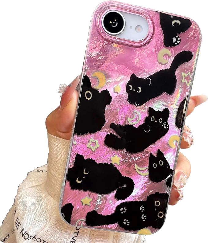 for iPhone 13 Case & iPhone 14 Case Shiny black cat-Purple Design,Cute trendy Soft Slim TPU Shockproof Protective Bumper adorable Phone Cases Cover for Women Girls Aesthetic,iphone 14/13 6.1"