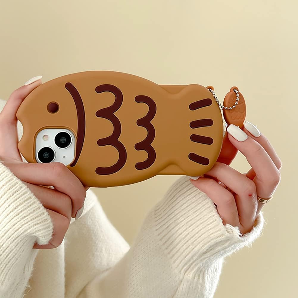Soft Silicone Case Compatible with iPhone 11,Cute 3D Cartoon Taiyaki with Fish Keychain 3D Funny Kawaii Phone Cases Women Girls Shockproof Cover for iPhone 11