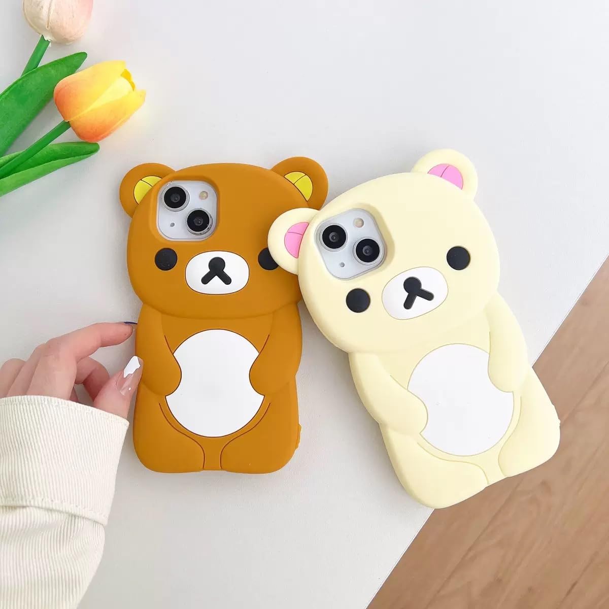 Ultra Thick Soft Silicone Case for Apple Teddy Bear Animal 3D Cartoon Japanese Cute Lovely Adorable Kawaii Kids Girls Women (Beige, for iPhone 13)