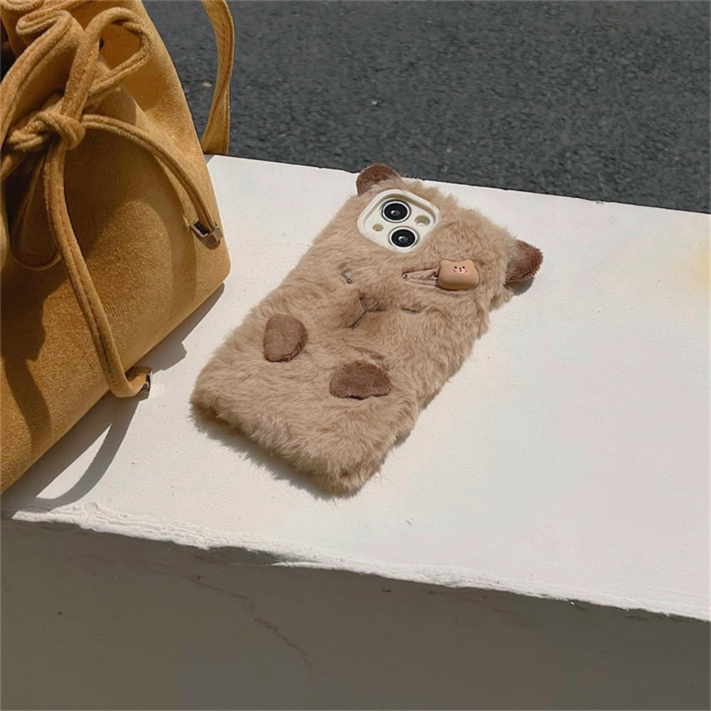 Cute Capybara Case Compatible with iPhone 16, Fuzzy Fluffy Fur Capybara Cover with Furry Plush Animal Keychain Pendant Warm Winter Case for Women Girls (for iPhone 16) Brown