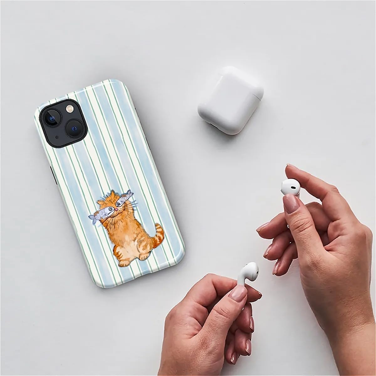 for iPhone 15 Case,Hybrid 2-Layer Hard Shell + Silicone Protective Case -Resistant Shockproof- A Naughty Cat with Blue Stripes Eating Fish