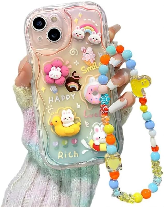 Designed for iPhone Case,Cute Rainbow Rabbit Duck Kawaii Cartoon Animal Wristband Strap Bracelet Chain Soft Shockproof Cover Phone Case (Pink,iPhone 15)