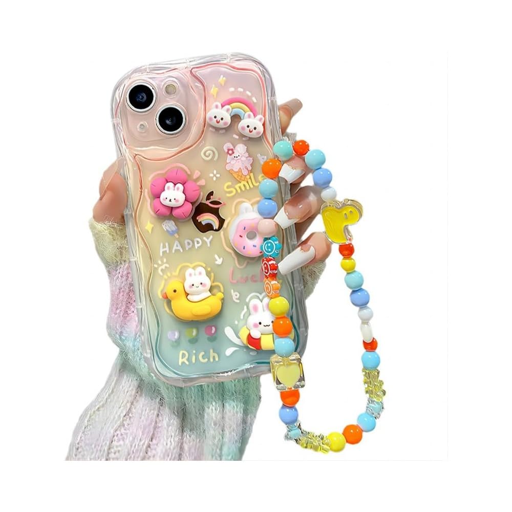 Designed for iPhone Case,Cute Rainbow Rabbit Duck Kawaii Cartoon Animal Wristband Strap Bracelet Chain Soft Shockproof Cover Phone Case (Pink,iPhone 15)