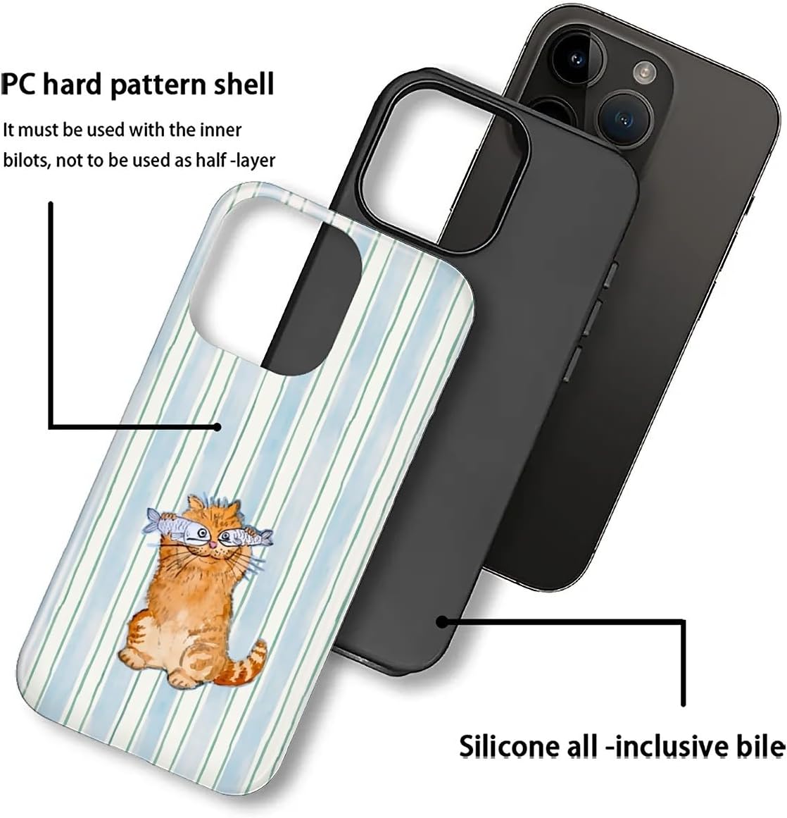 for iPhone 15 Pro Case,Hybrid 2-Layer Hard Shell + Silicone Protective Case -Resistant Shockproof- A Naughty Cat with Blue Stripes Eating Fish