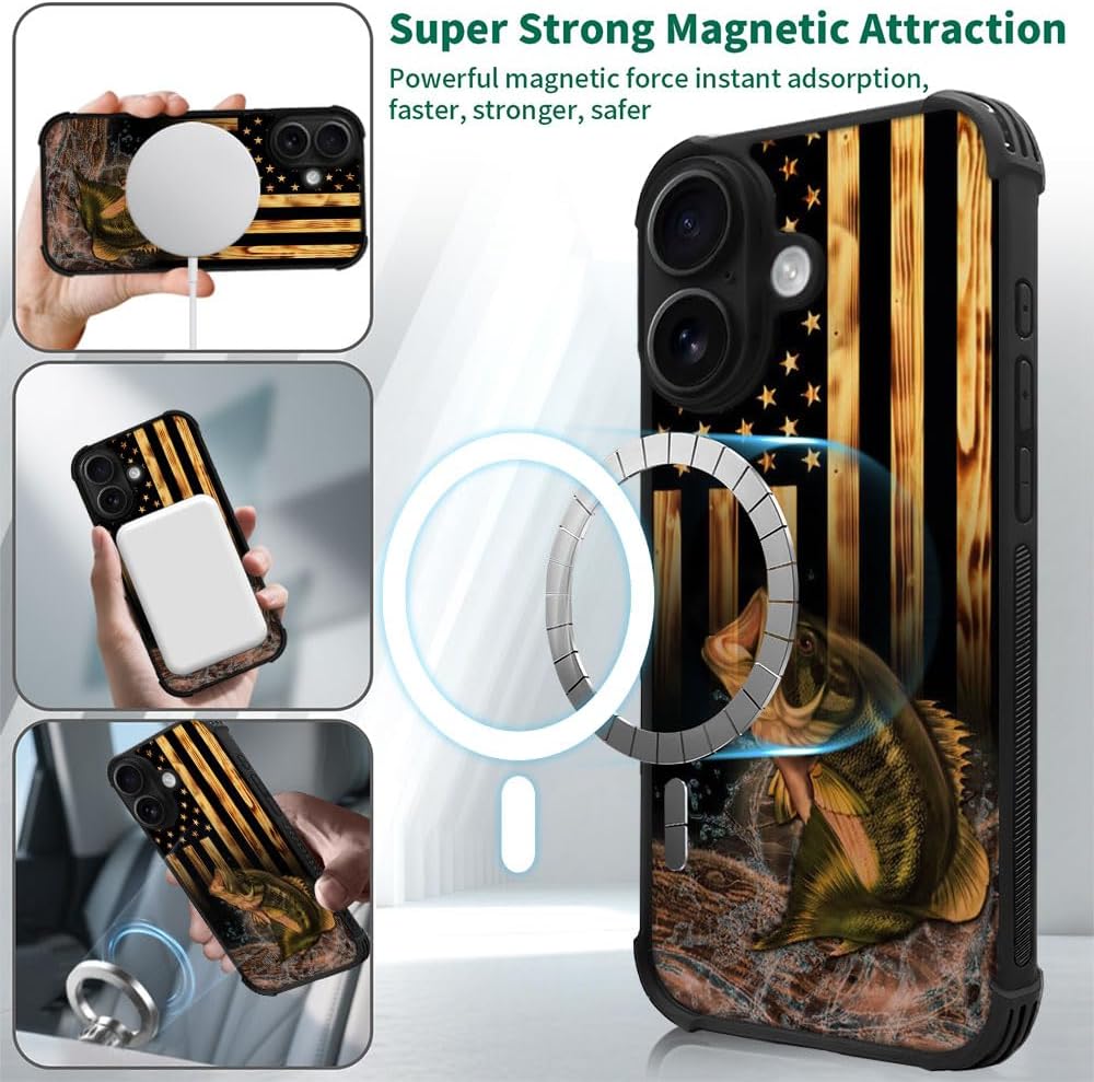 DJSOK Case for iPhone 17,Compatible with MagSafe,Anti-Scratch Shockproof Case,Wood American Flag Fish