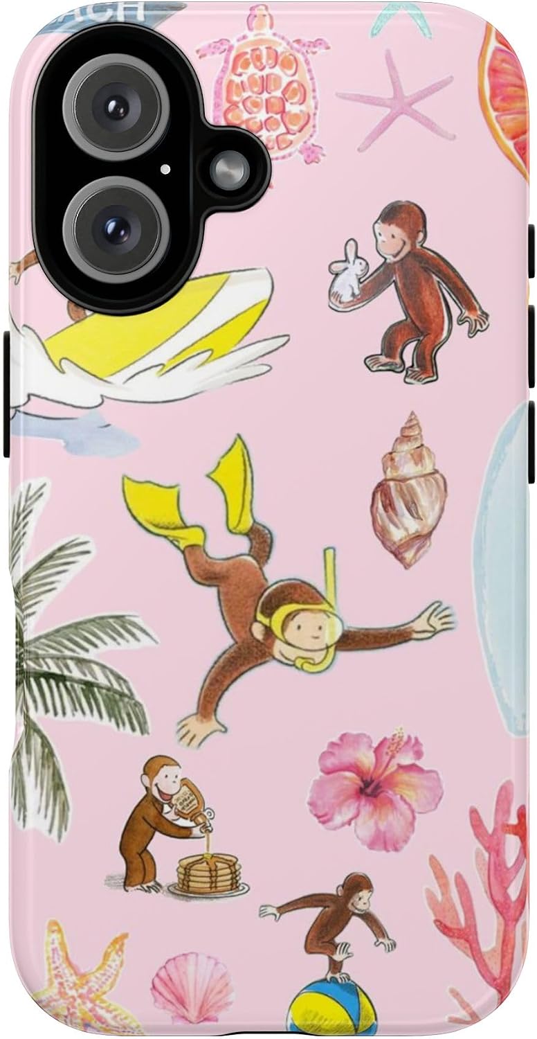Tropical Splash Curious Monkey George Phone Case Compatible with iPhone 16, Protective Hybrid 2-Layer Hard Shell, Cute Monkey Tough Case Gift for Women Men Girl Boy
