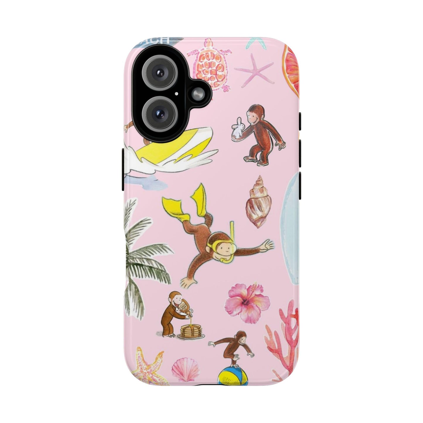 Tropical Splash Curious Monkey George Phone Case Compatible with iPhone 16, Protective Hybrid 2-Layer Hard Shell, Cute Monkey Tough Case Gift for Women Men Girl Boy