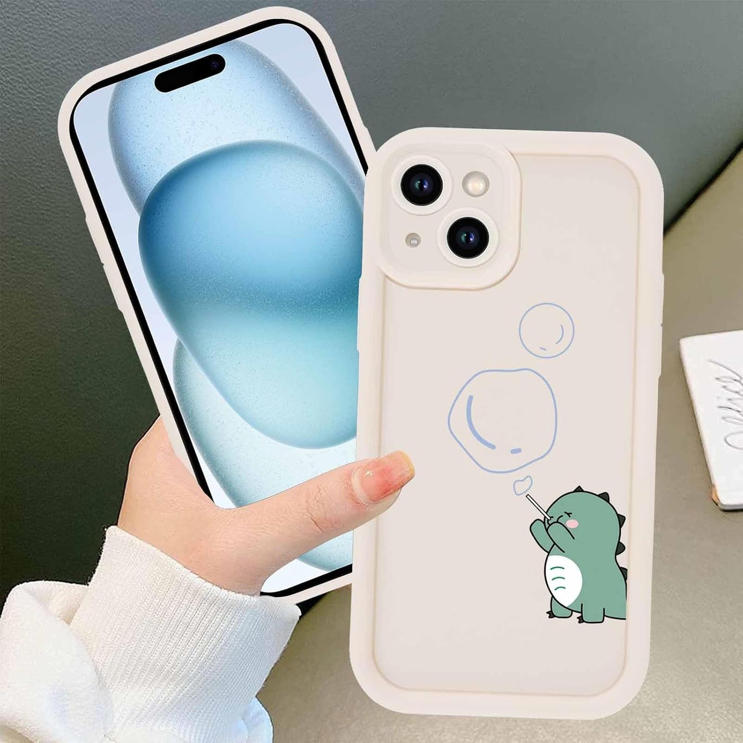 Cute Dinosaur Phone Case for iPhone 15 6.1",Kawaii Cartoon Bubble Cases Funny Design Pattern Cover for Girls Kids Boys,Beige Soft Shockproof Lens Protection Funda for iPhone 15