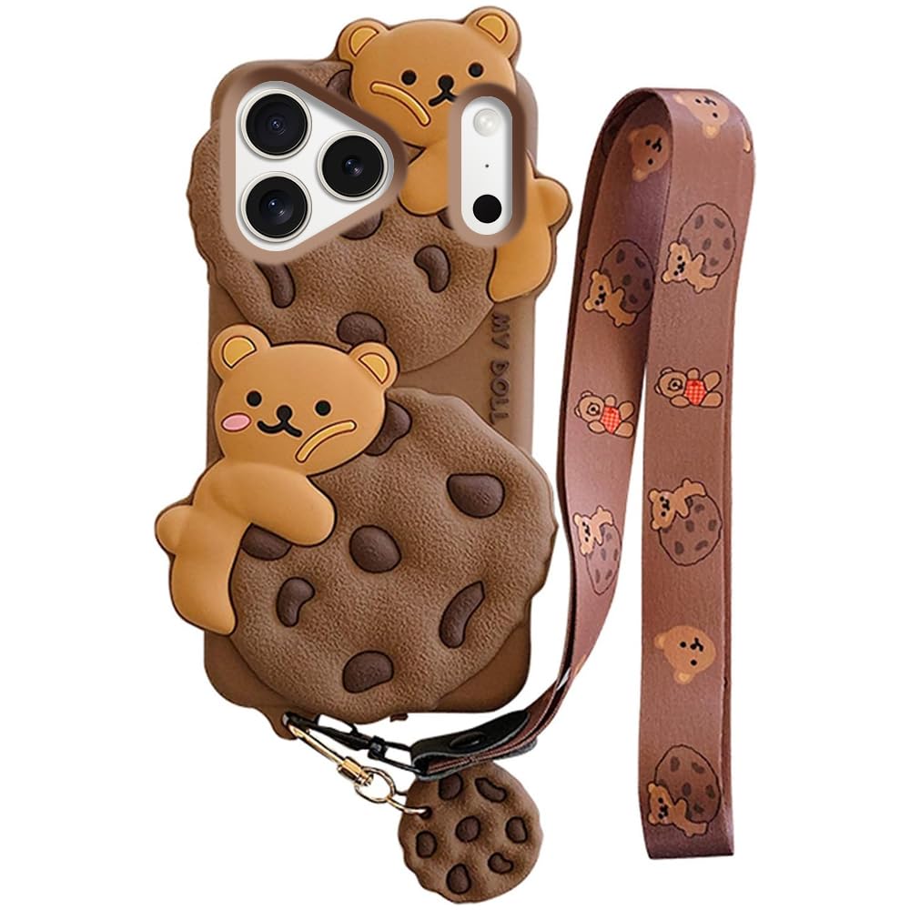 Case for iPhone 13 with Strap Lanyard Keychain Cute Bear Cookie Kawaii Funny Soft Silicone Shockproof Protective Cover for Women Girls