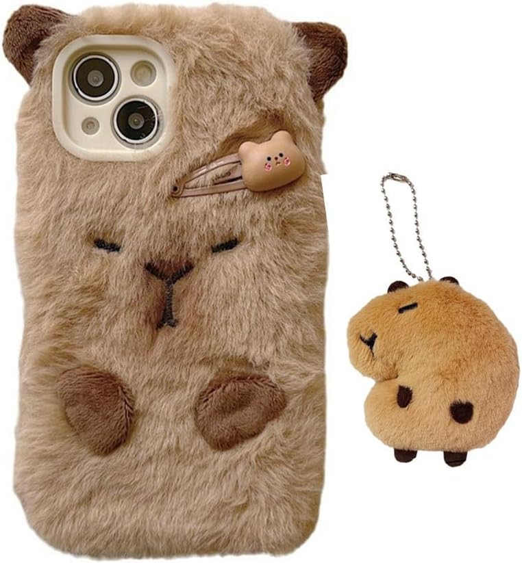 Cute Capybara Case Compatible with iPhone 16, Fuzzy Fluffy Fur Capybara Cover with Furry Plush Animal Keychain Pendant Warm Winter Case for Women Girls (for iPhone 16) Brown