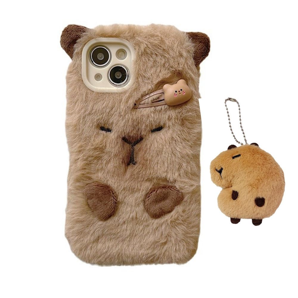 Cute Capybara Case Compatible with iPhone 16, Fuzzy Fluffy Fur Capybara Cover with Furry Plush Animal Keychain Pendant Warm Winter Case for Women Girls (for iPhone 16) Brown