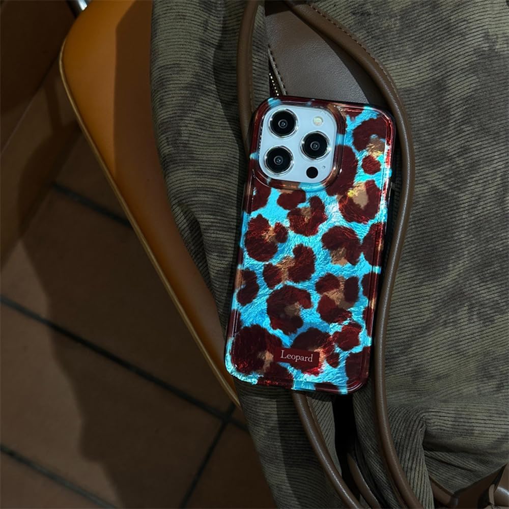 inewateri Compatible for iPhone 16 Pro Max Case with Cute Cheetah Leopard Print Retro Aesthetics Design Soft Slim TPU Shockproof Protective Bumper Glitter Shiny Phone Cover-Blue