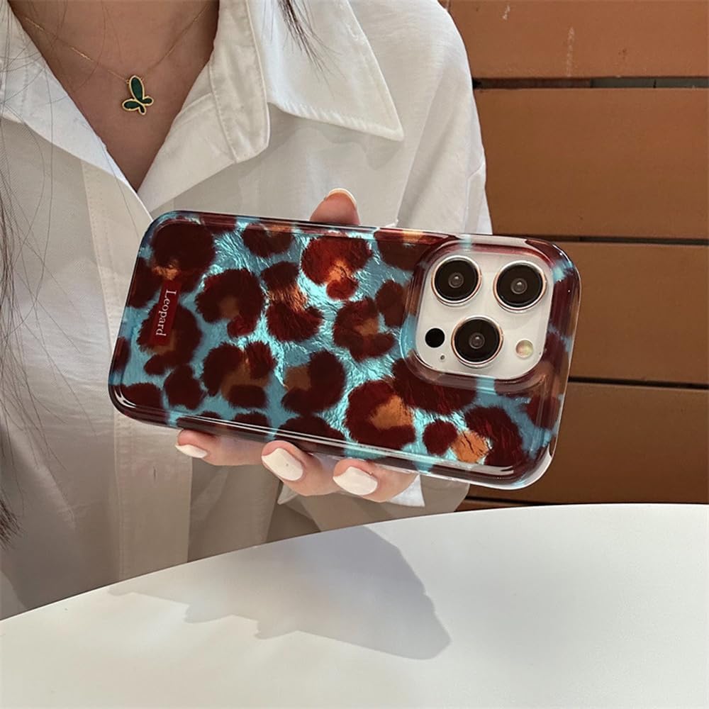 inewateri Compatible for iPhone 16 Pro Max Case with Cute Cheetah Leopard Print Retro Aesthetics Design Soft Slim TPU Shockproof Protective Bumper Glitter Shiny Phone Cover-Blue