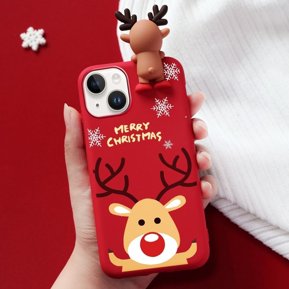 2 Pack Cute Christmas Case for iPhone 13/14",Red 3D Doll Snowman Elk Merry Christmas Pattern Soft Silicone TPU Pretty Flexible Protective Funda for Kid Girls Women