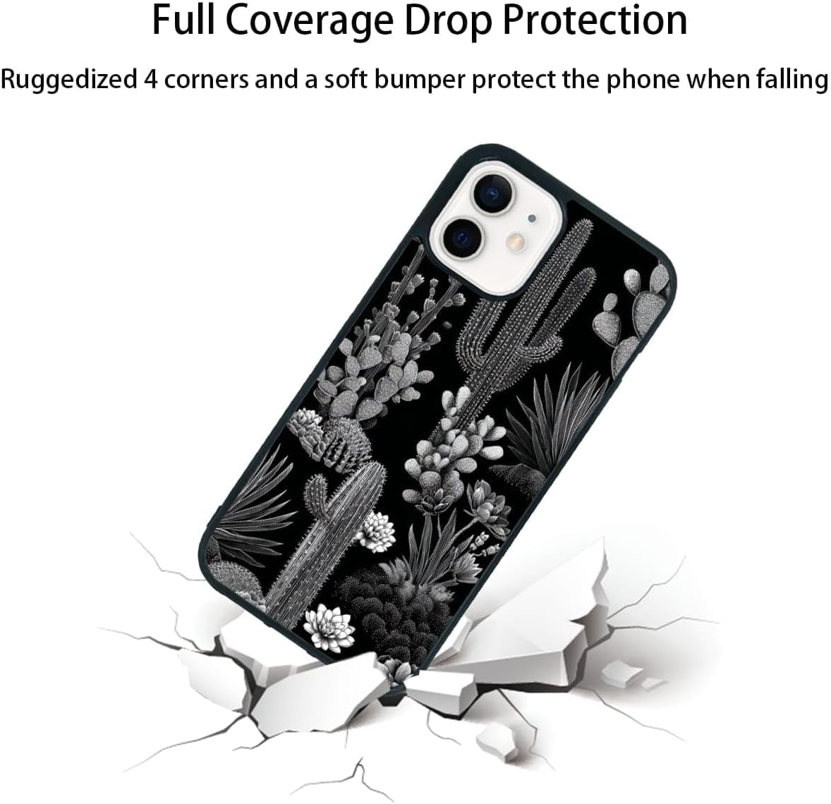 Vintage Black and White Botanical Cactus Agave Desert Nature Phone Case, Shockproof Protective Cover for iPhone 11 12 13 14 15 16 17 Pro Max Plus Mini XR 7 8 SE