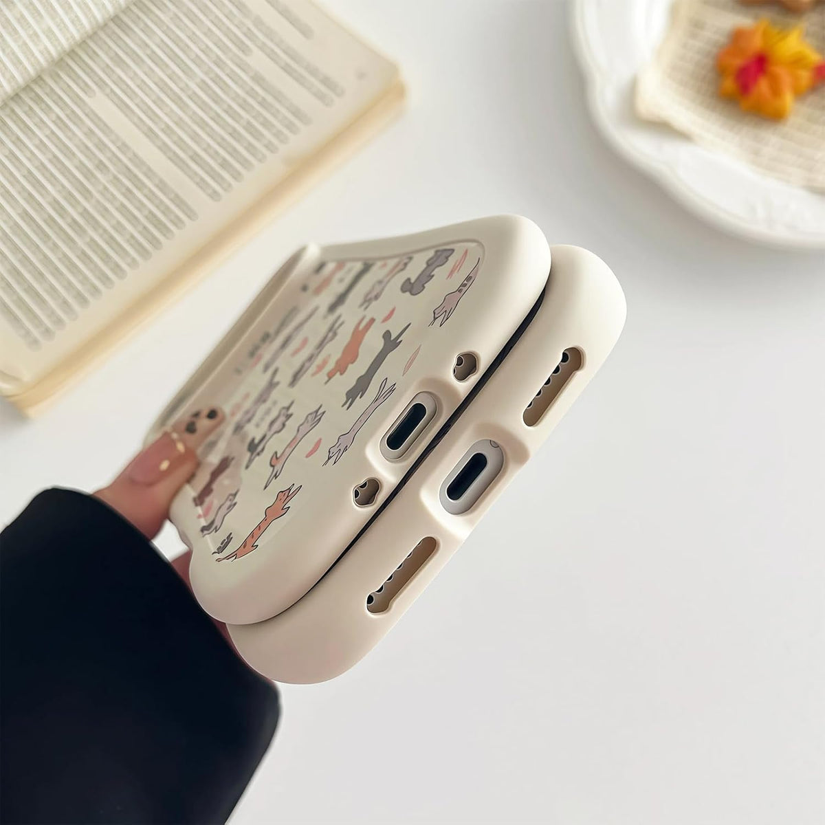 for iPhone 13 Phone Case, Cute 3D Cat Ears and Vintage Hand-Drawn Multi-Cats Heart Cartoon Pattern, with Cat Paw Buttons, Trendy Shockproof Soft Protective Phone Cover, Cat Ears