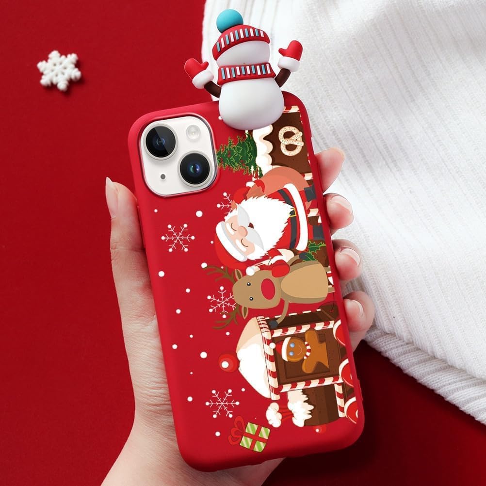 2 Pack Cute Christmas Case for iPhone 13/14",Red 3D Doll Snowman Elk Merry Christmas Pattern Soft Silicone TPU Pretty Flexible Protective Funda for Kid Girls Women