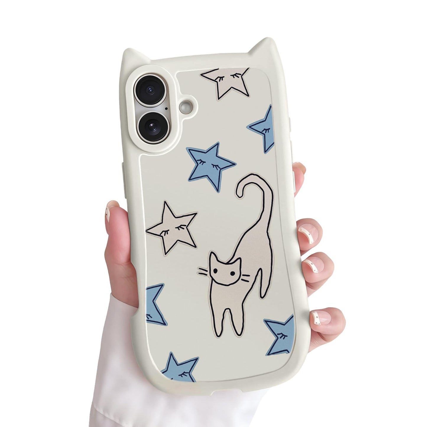 for iPhone 13 Phone Case, Cute 3D Cat Ears and Vintage Hand-Drawn Multi-Cats Heart Cartoon Pattern, with Cat Paw Buttons, Trendy Shockproof Soft Protective Phone Cover, Cat Ears