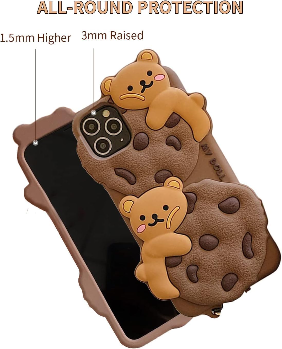 Case for iPhone 13 with Strap Lanyard Keychain Cute Bear Cookie Kawaii Funny Soft Silicone Shockproof Protective Cover for Women Girls