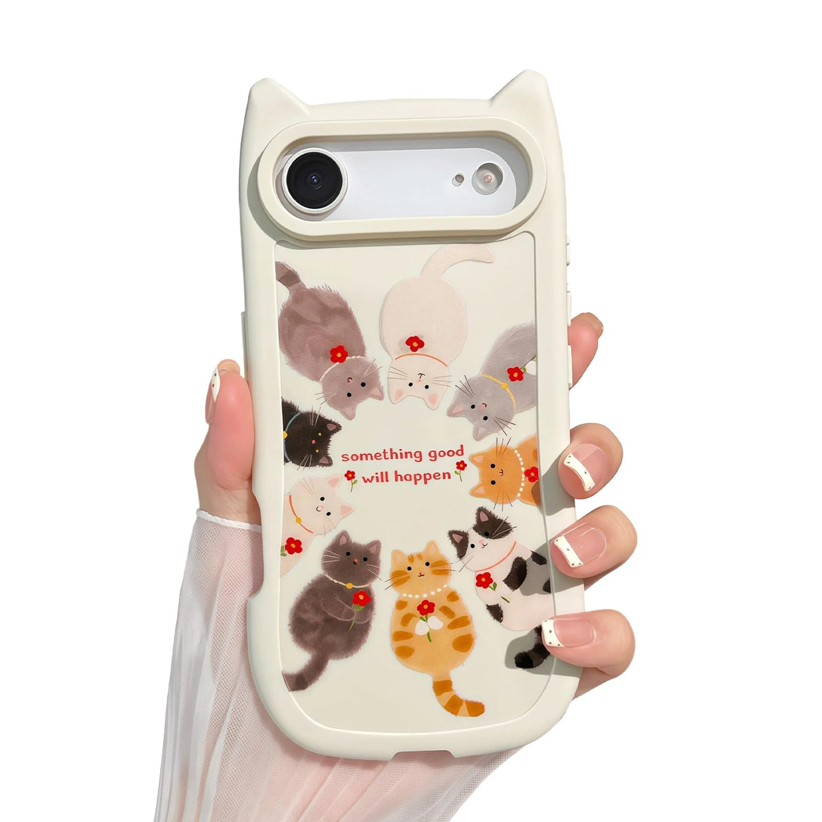 for iPhone 13 Phone Case, Cute 3D Cat Ears and Vintage Hand-Drawn Multi-Cats Heart Cartoon Pattern, with Cat Paw Buttons, Trendy Shockproof Soft Protective Phone Cover, Cat Ears