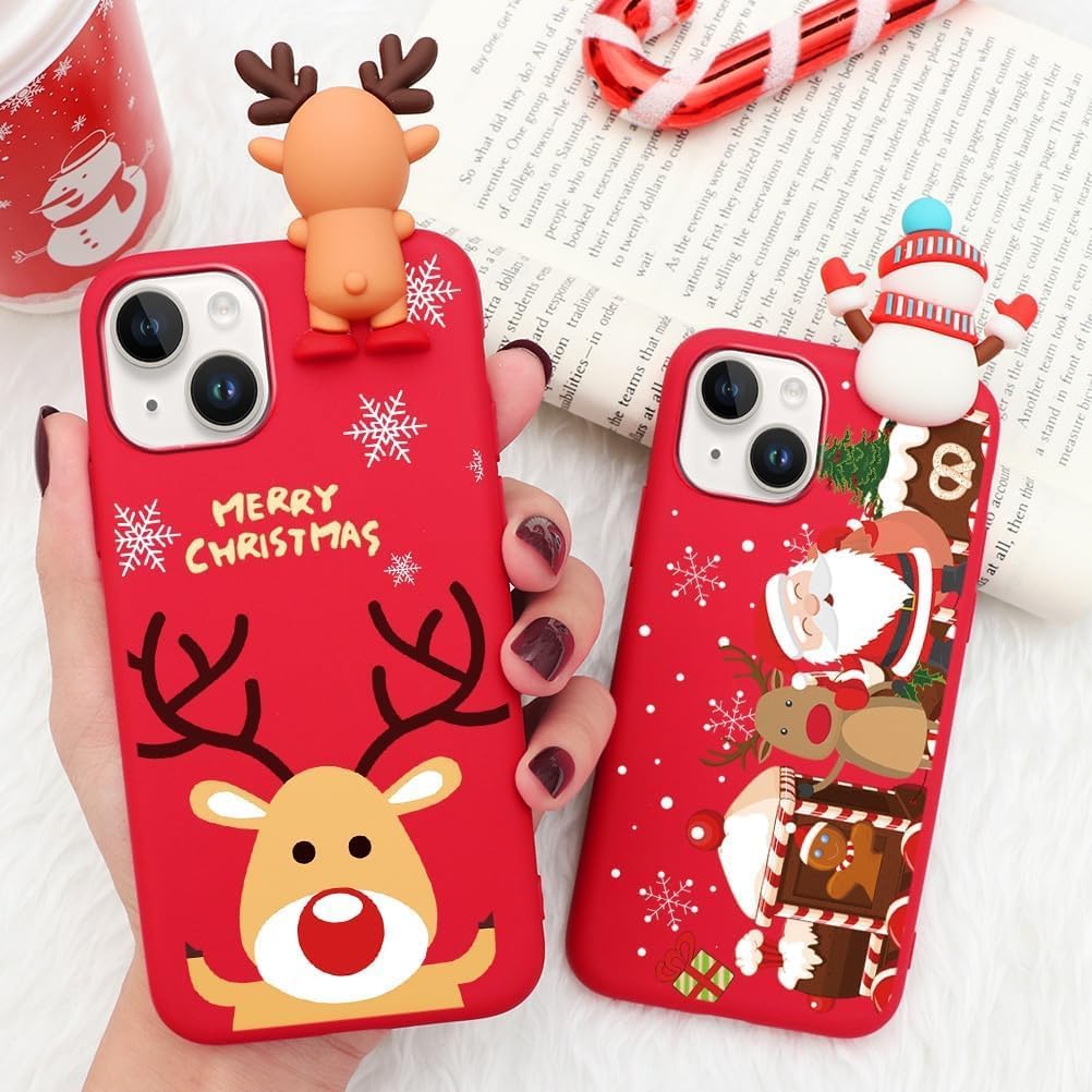 2 Pack Cute Christmas Case for iPhone 13/14",Red 3D Doll Snowman Elk Merry Christmas Pattern Soft Silicone TPU Pretty Flexible Protective Funda for Kid Girls Women