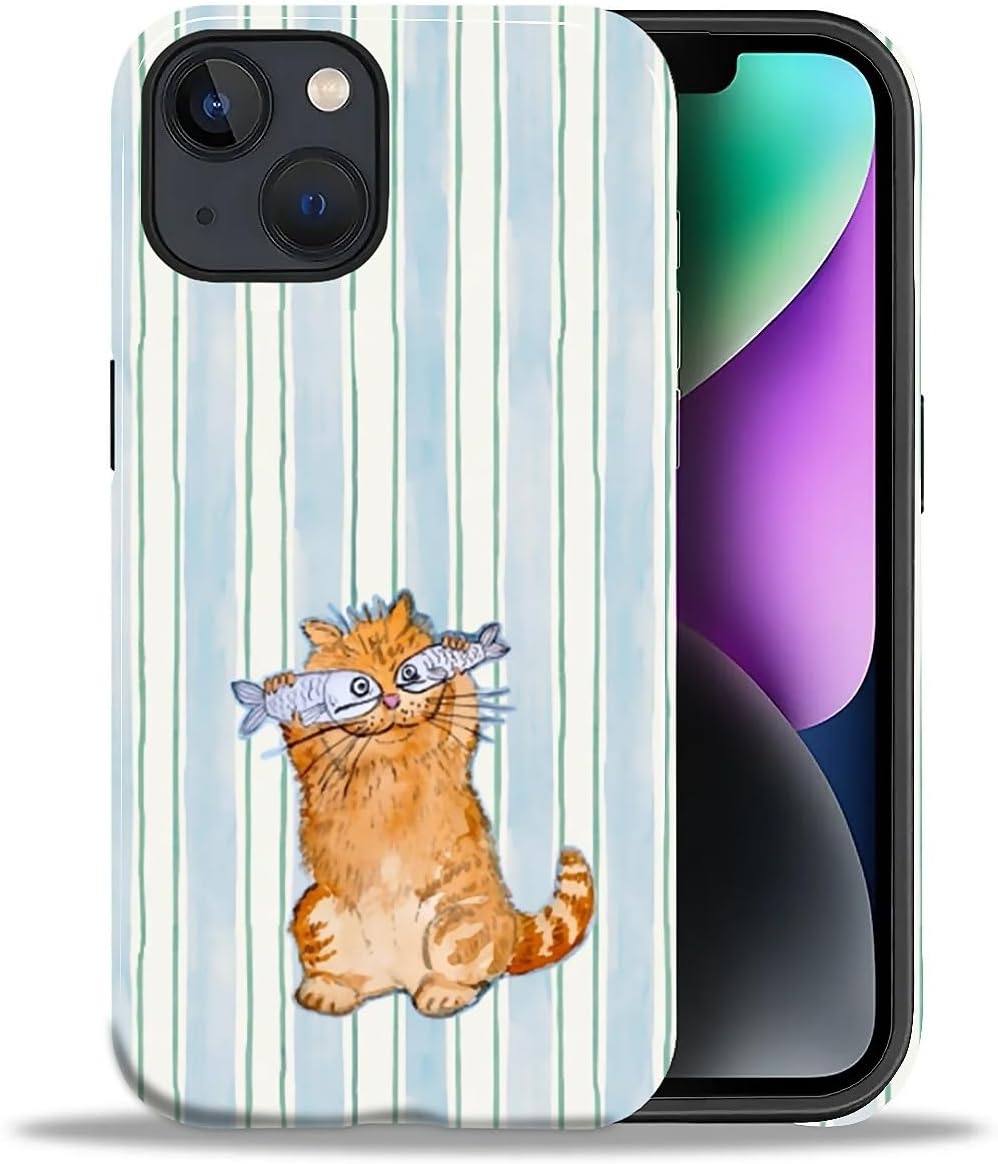 for iPhone 15 Case,Hybrid 2-Layer Hard Shell + Silicone Protective Case -Resistant Shockproof- A Naughty Cat with Blue Stripes Eating Fish