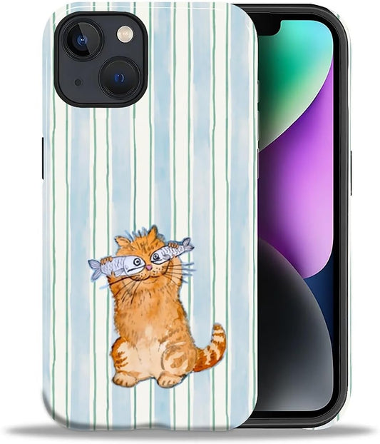 for iPhone 13/14 Case,Hybrid 2-Layer Hard Shell + Silicone Protective Case -Resistant Shockproof- A Naughty Cat with Blue Stripes Eating Fish