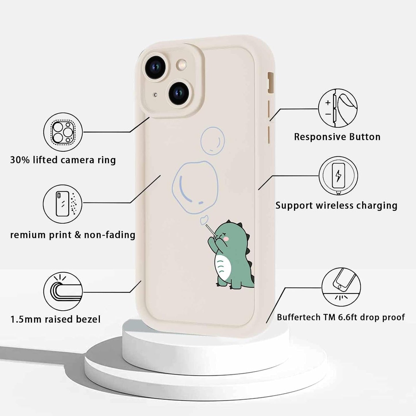 Cute Dinosaur Phone Case for iPhone 15 6.1",Kawaii Cartoon Bubble Cases Funny Design Pattern Cover for Girls Kids Boys,Beige Soft Shockproof Lens Protection Funda for iPhone 15